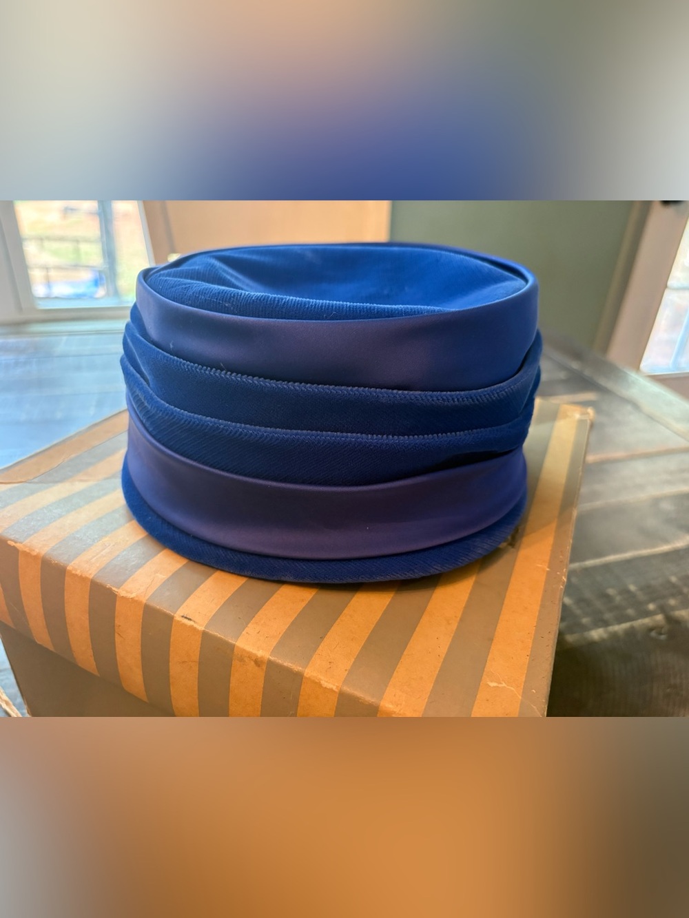 Vintage Women's Structured Navy Blue Pillbox Hat Elegant Velvet & Satin Fabric